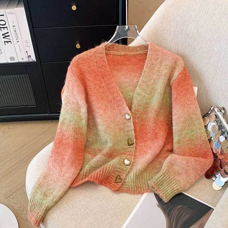 Women V Neck Gradient Ombre Knit Cardigan Heart Shape Buttons Long Sleeve Loose Cropped Casual Sweater Outerwear