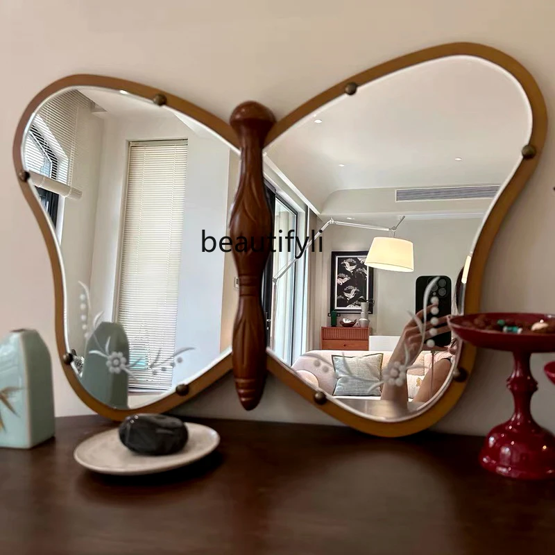 French Style Retro Makeup Mirror Butterfly Mirror Art Middle and Ancient Shaped Wall Hanging Dressing Decorative Mirror