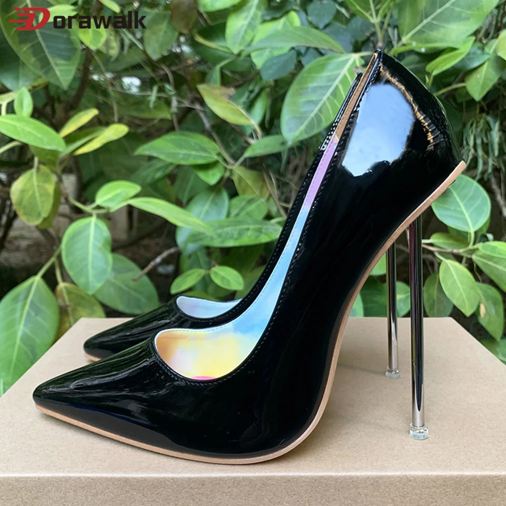 

Fashion Designer Women 12cm Metal Pumps Glossy Patent Stilettos High Heels Ladies Pointed Toe Unisex Black DressShoes Size35-46