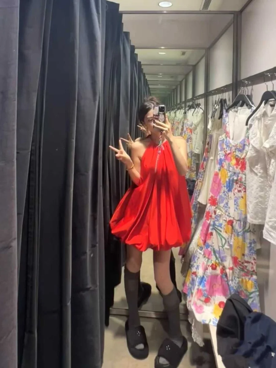 فستان نسائي جديد للصيف بتصميم مكشوف الكتفين وأكمام بالون وتنورة قصيرة وياقة مستديرة وقصة H للشاطئ