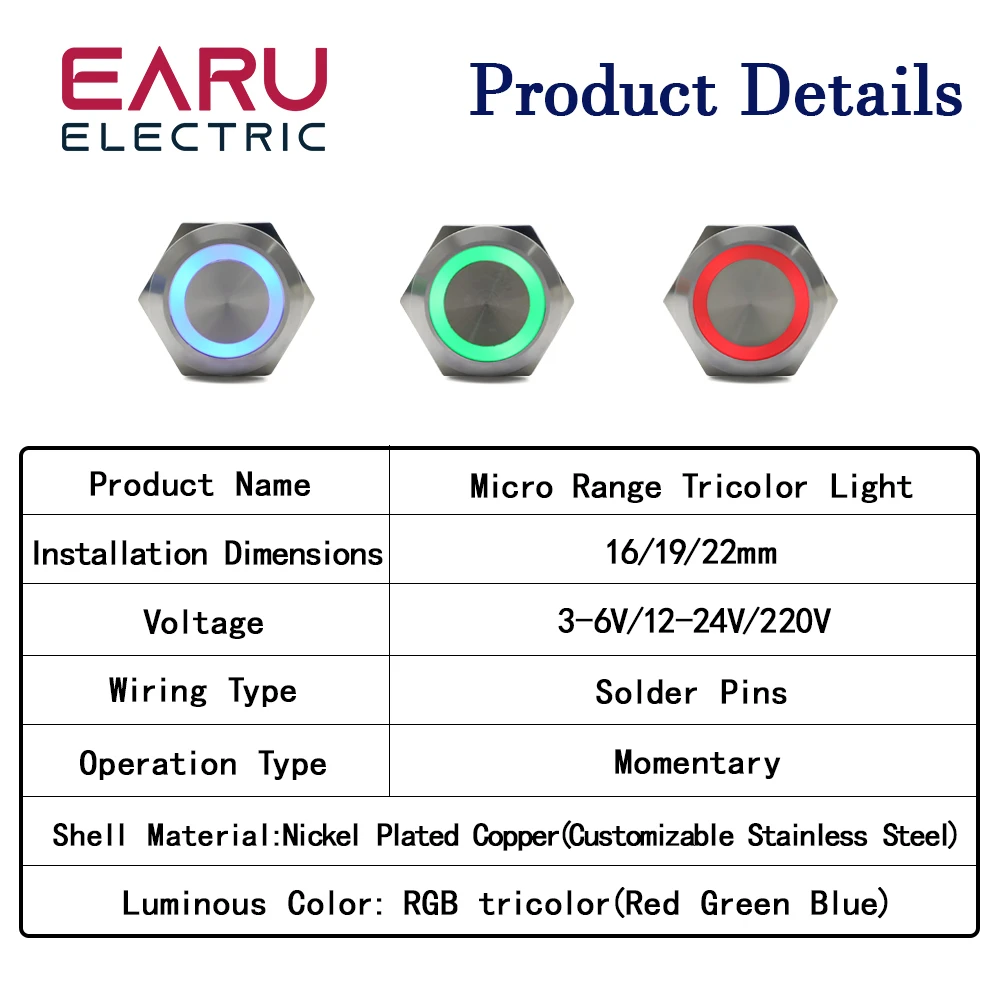 3 Triple Color RGB LED Light Mirco Switch Short Stroke Momentary Self-reset 16 19 22mm Waterproof Metal Push Button Switch Blue