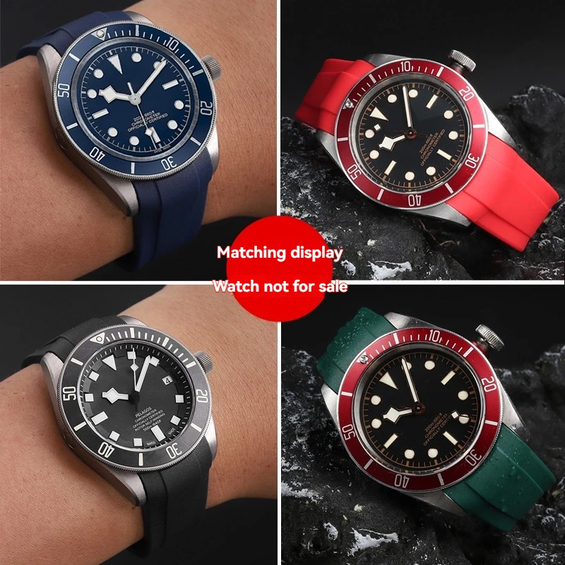 Correa de reloj de goma con extremo curvado de 22 mm para Tudor Black Bay 58 Bronze – Correa de silicona suave, patrón floral rojo, resistente al agua y duradera