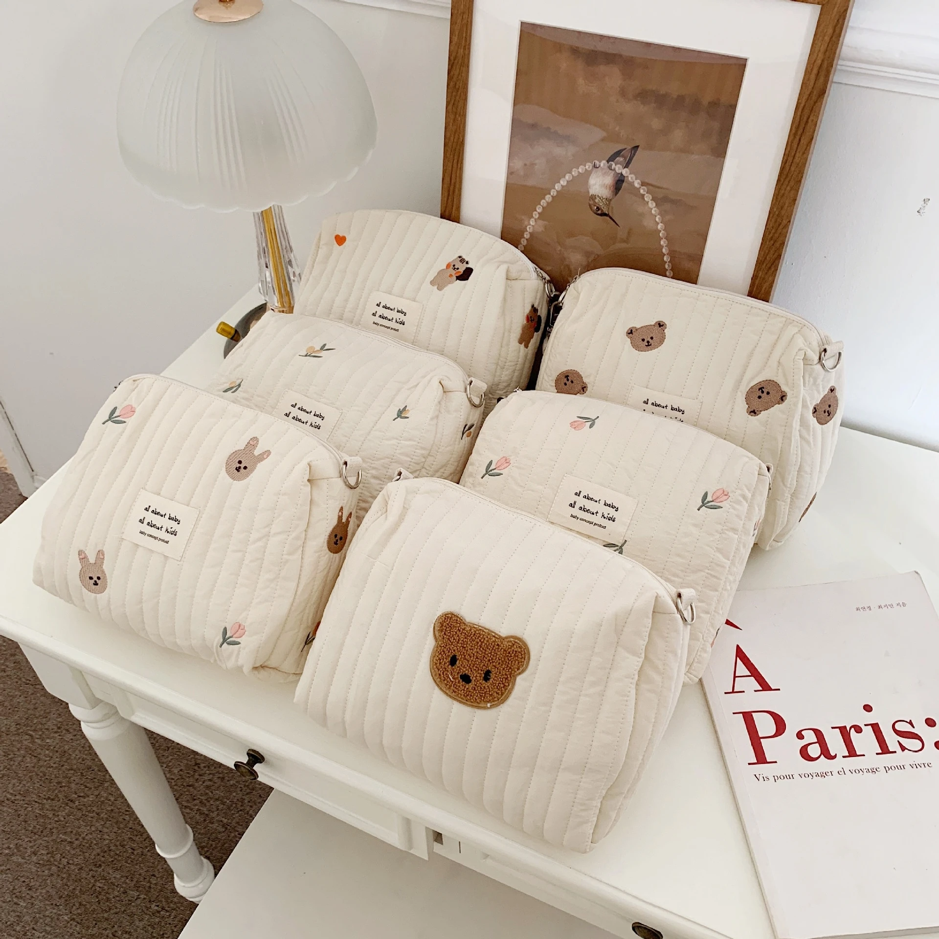 

Cotton Portable Storage Bag Zipper Embroidery Diaper Bag Reusable Nappy Sanitary Pads Organizer Stroller Bags Cosmetics Handbag