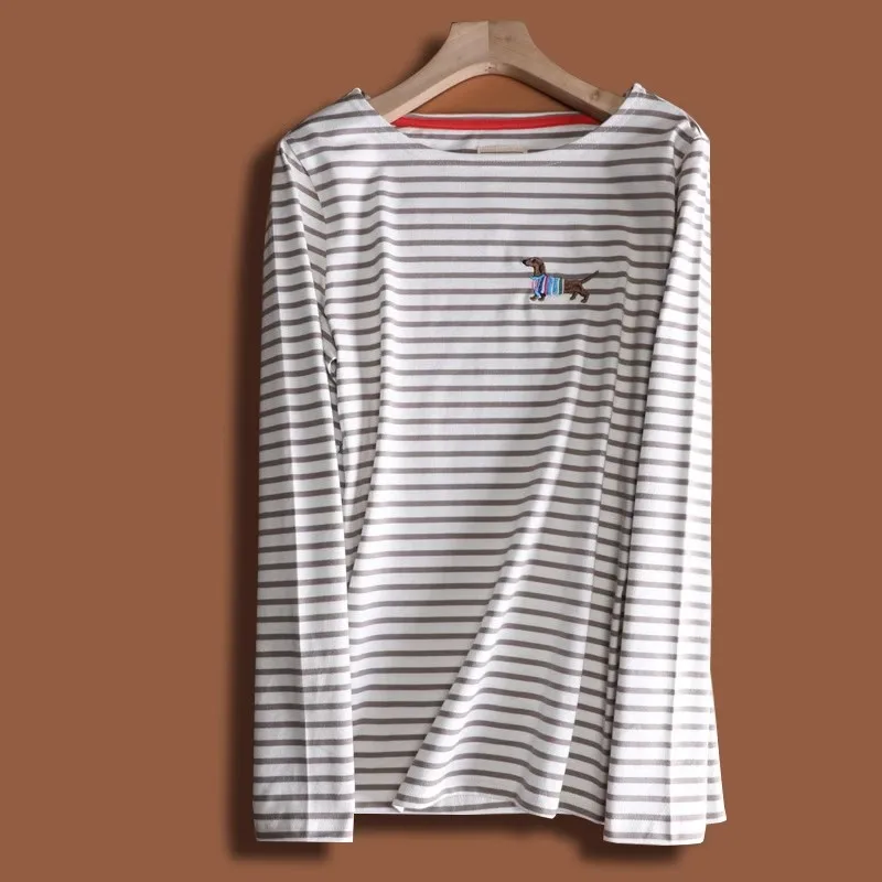 Dachshund Embroidered Stripesd Round Neck Women's Pure Cotton Long-Sleeved T-Shirt Spring & Fallжug Bet Футбо (30) Впылоску