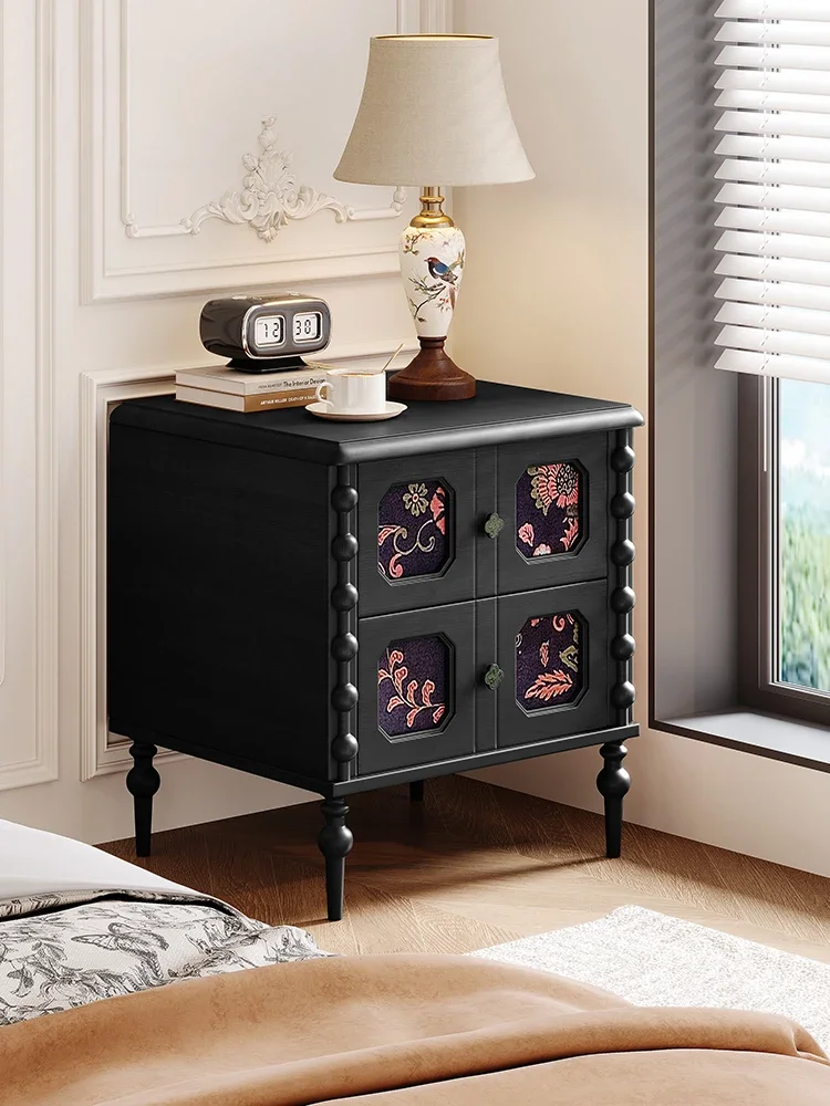 

FG28French Bedside Table Black Solid Wood Bedroom Storage Medium Ancient Style American Retro Cabinet
