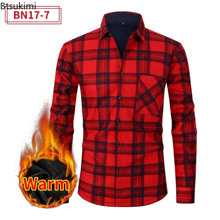 

Autumn Winter Fleece Warm Shirts for Men Classic Plaid Long Sleeve Shirt Coats Casual Versatile Vintage Men Shirt Tops Plus Size