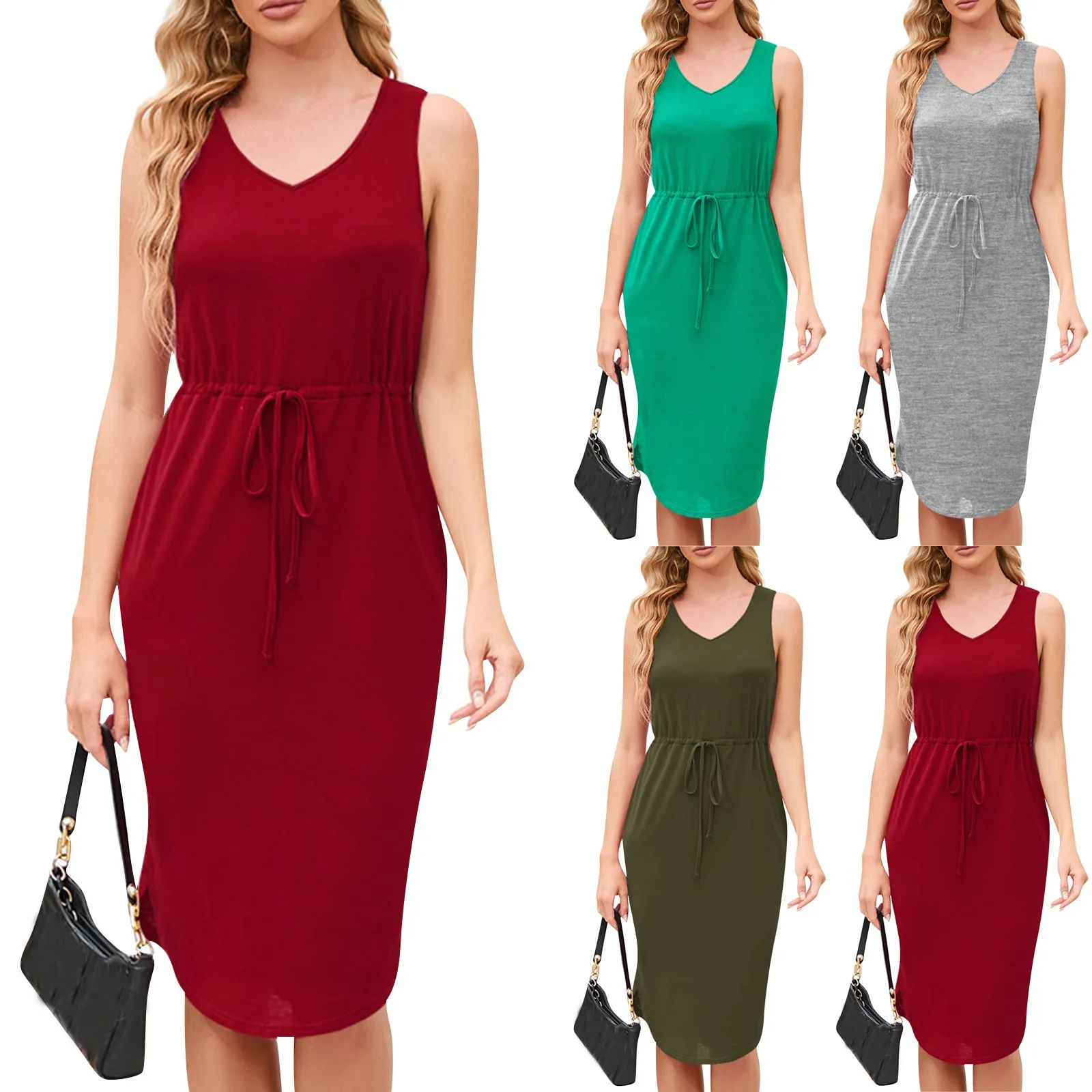 Solid color women's dress Casual V-neck Sleeveless long dresses de-slit Drawstring High-waisted sundress vestidos femenino