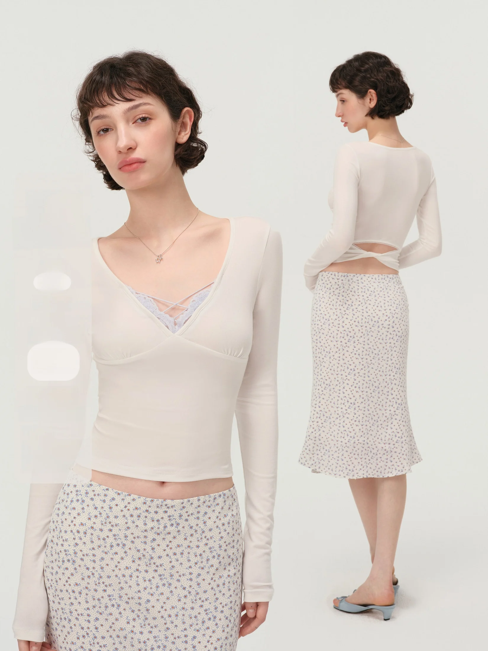 

M Studio Spicy Girl Design Slim Fit ort Sve V-ne Long Sve White Lace Top Women Spring Autumn Breathable Comfortable