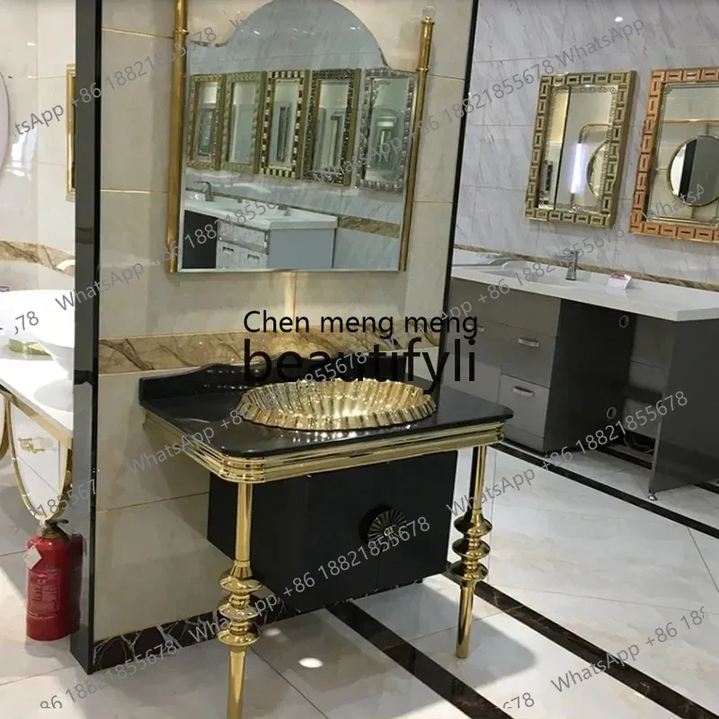

French light luxury stainless steel bathroom cabinet waterproof washbasin European marble floor-to-ceiling wabi sandy wind LHY26