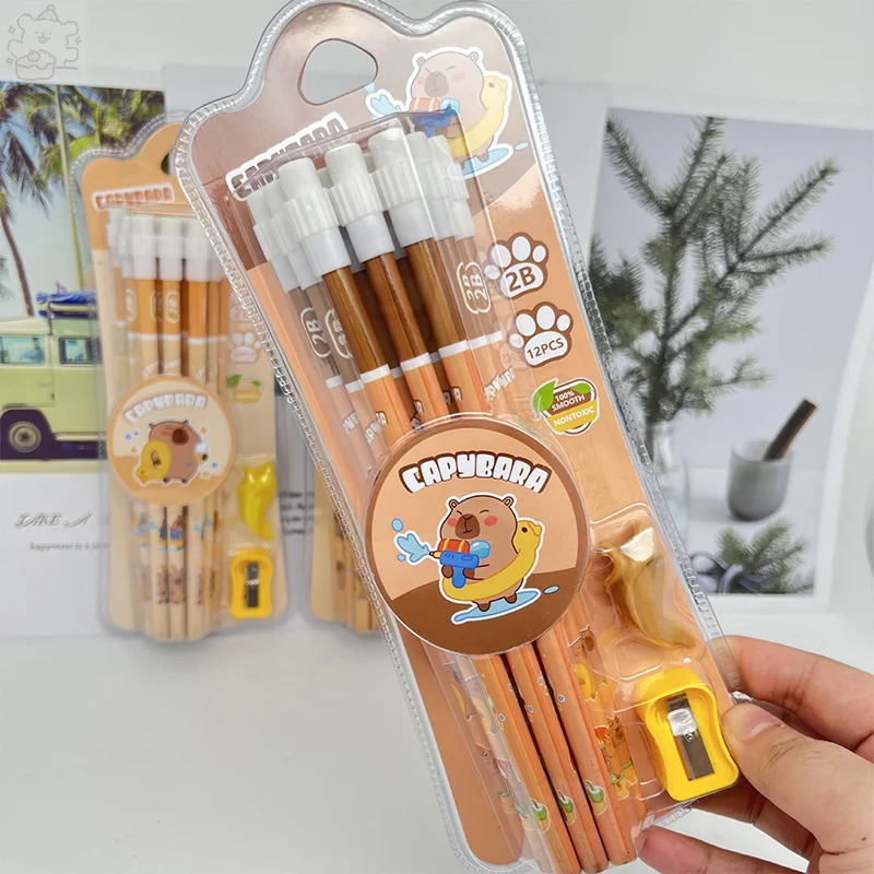 1Set Cartoon Cute Capybara HB Pencils Pencil Sharpener Eraser Stationery Set Student Writing Drawing HB Pencils Sketch Pens