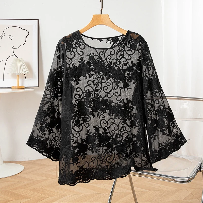 

100% Mulberry Silk Women 3/4 Sleeve Blouse Black Embroidery Silk Thin Transparent Round Neck Shirt Top Pullover Summer QQ018