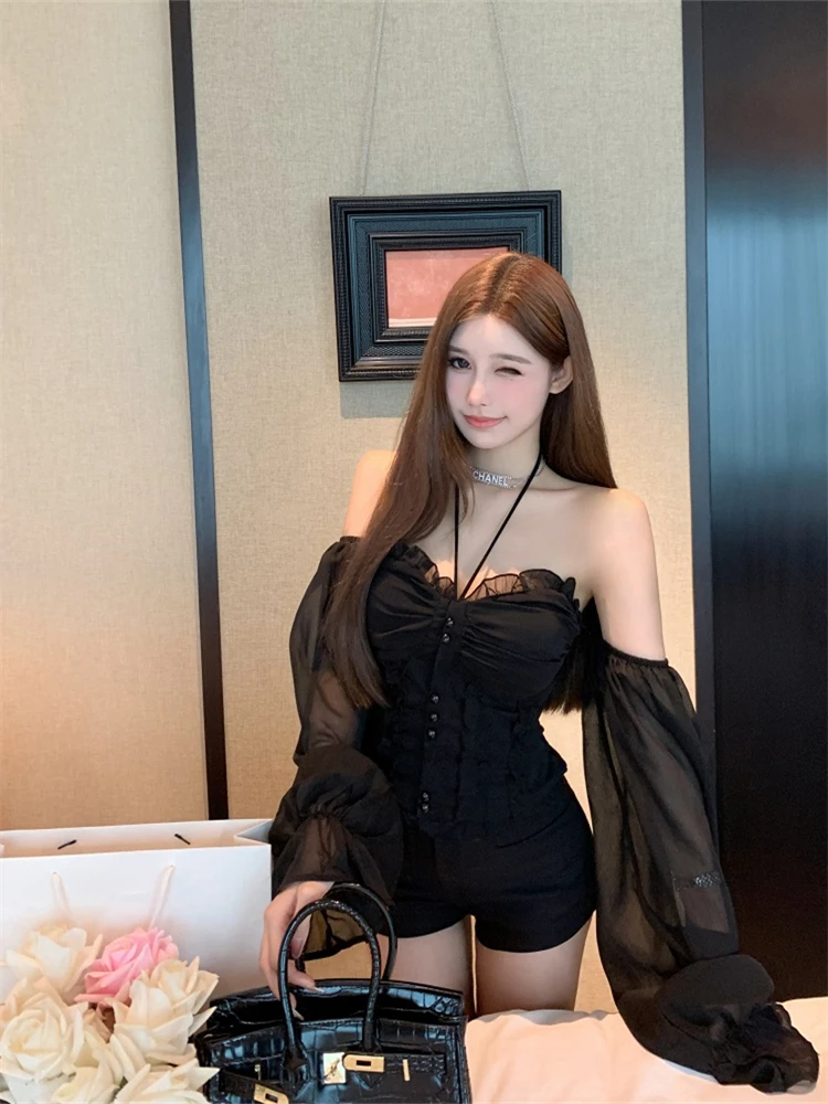 

Luna 823 New Ne Hanging Tube Top Chiffon irt Lantern Sve irt with Built-in Chest Pad Detachable Sve Women's irt