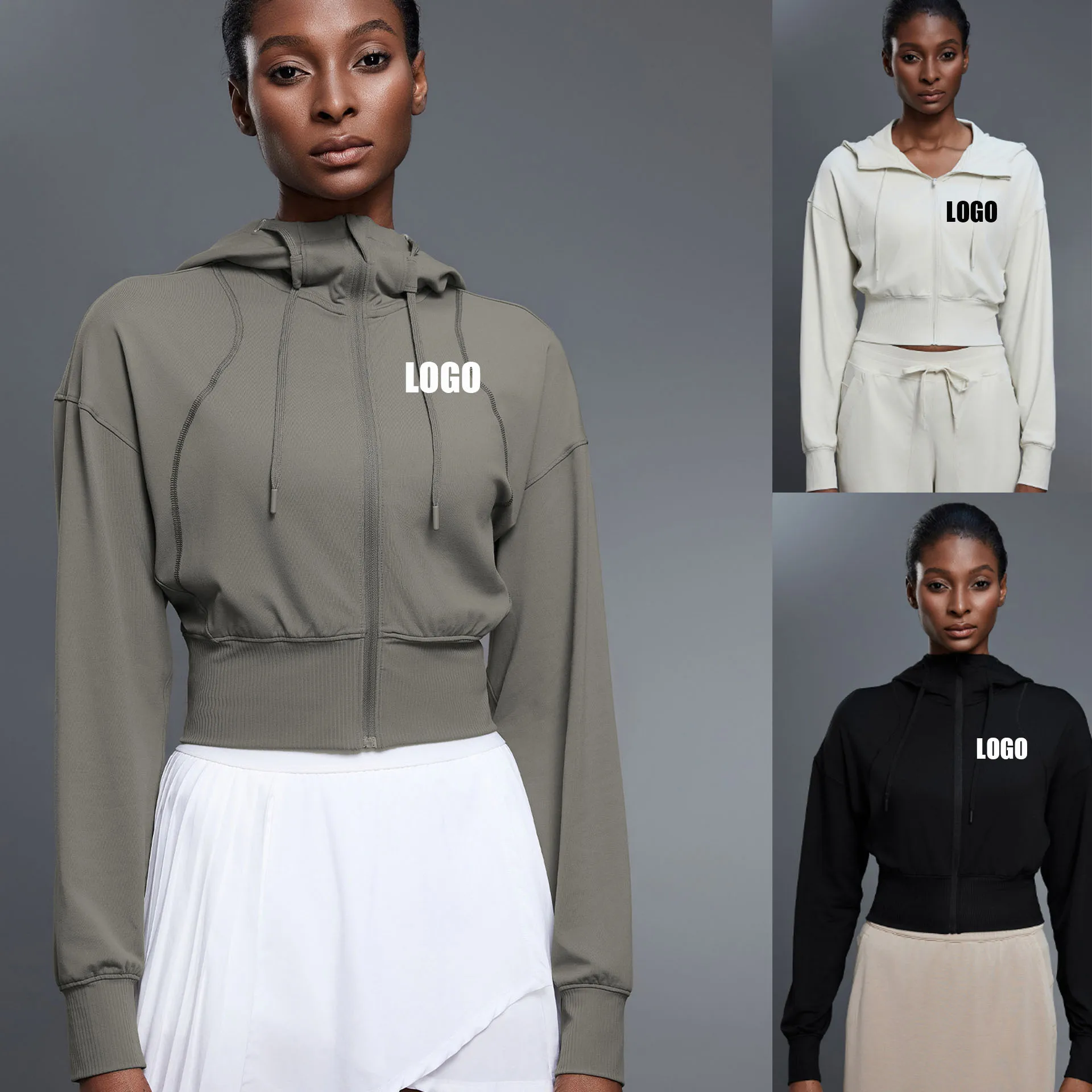 Custom LOGO Women's Hooded Sports Jacket Spring and Autumn Short Tie Waist Cardigan Long Sleeve Top Yoga Fitness Clothing Jacket