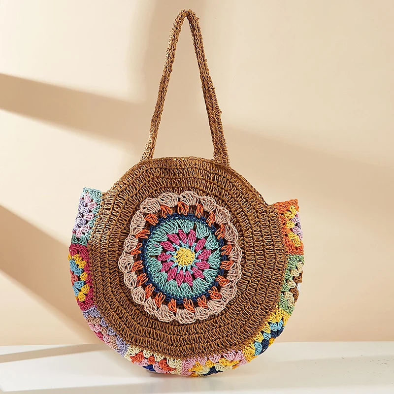 Ethnic Style Round Straw Weaving Fashion Shoulder Bag Summer Handmade Woven Beach Underarm Bags Women\'s Large Capacity Tote Bag