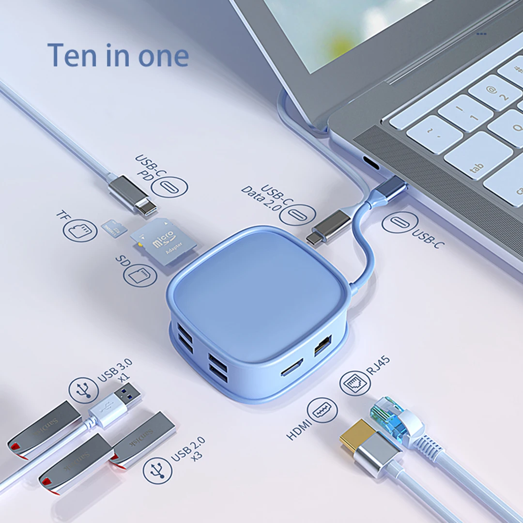 Wireless Pd Fast Charging 10-in-1 Usb Hubs Type-c Usb Splitter Laptop Hdmi High Speed Splitter 5gbps For Pc Usb 3.0 2.0 Ports