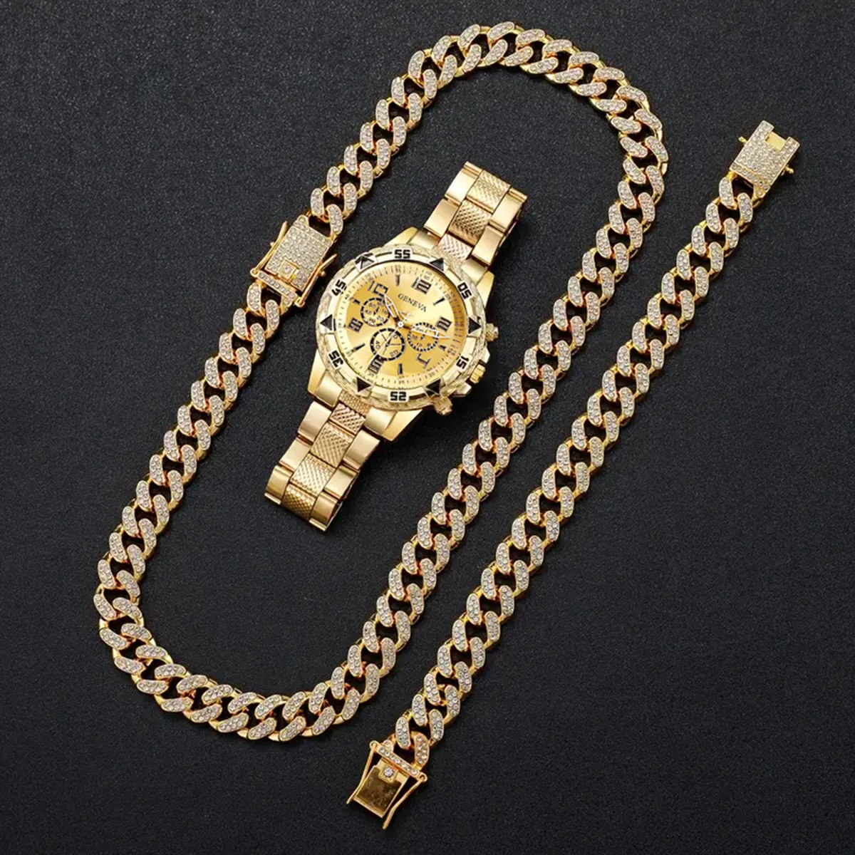 비즈니스맨의 스틸 팔찌 쿼츠 시계와 쿠바 풀 다이아몬드 목걸이 팔찌 세트 - 그를 위한 최고의 생일 선물
