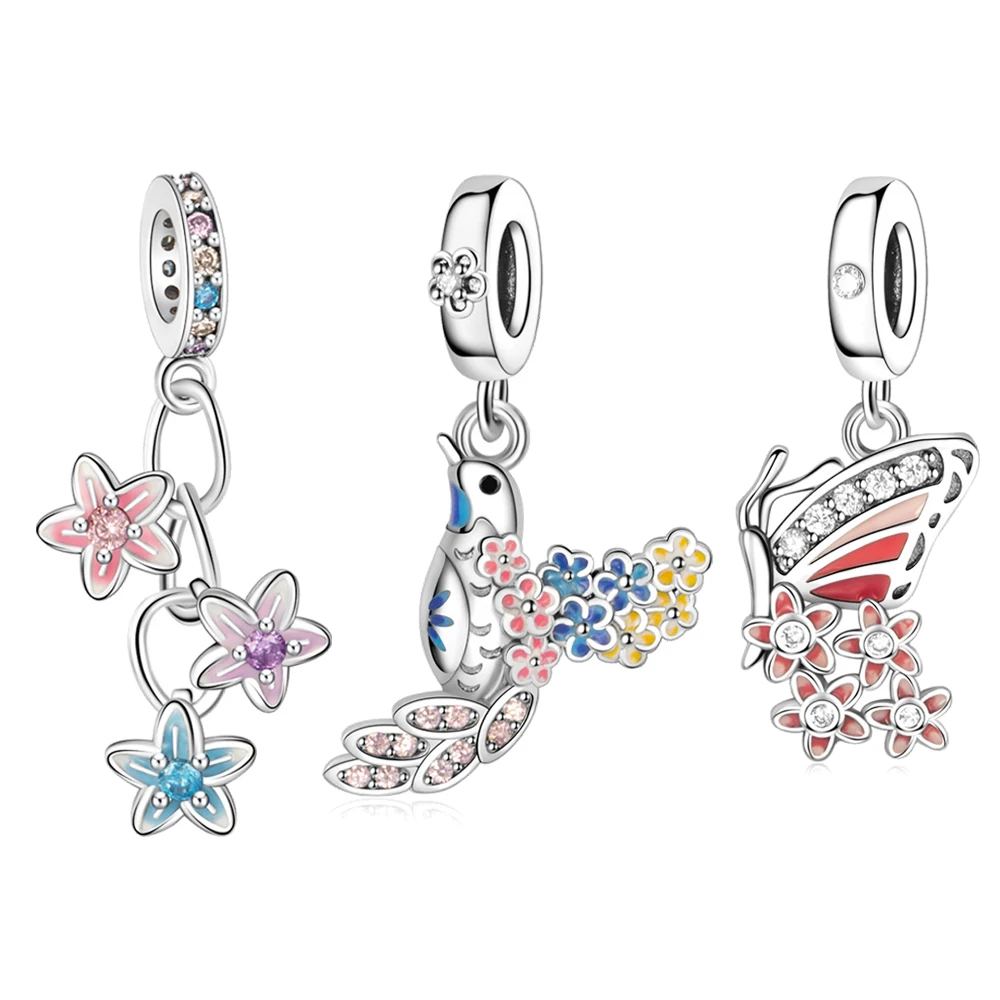 

Sparkling Butterfly Hummingbird Flowers Charm Trio Fit Original Pan Bracelet DIY Animal Pendants Women Summer Jewelry Gift