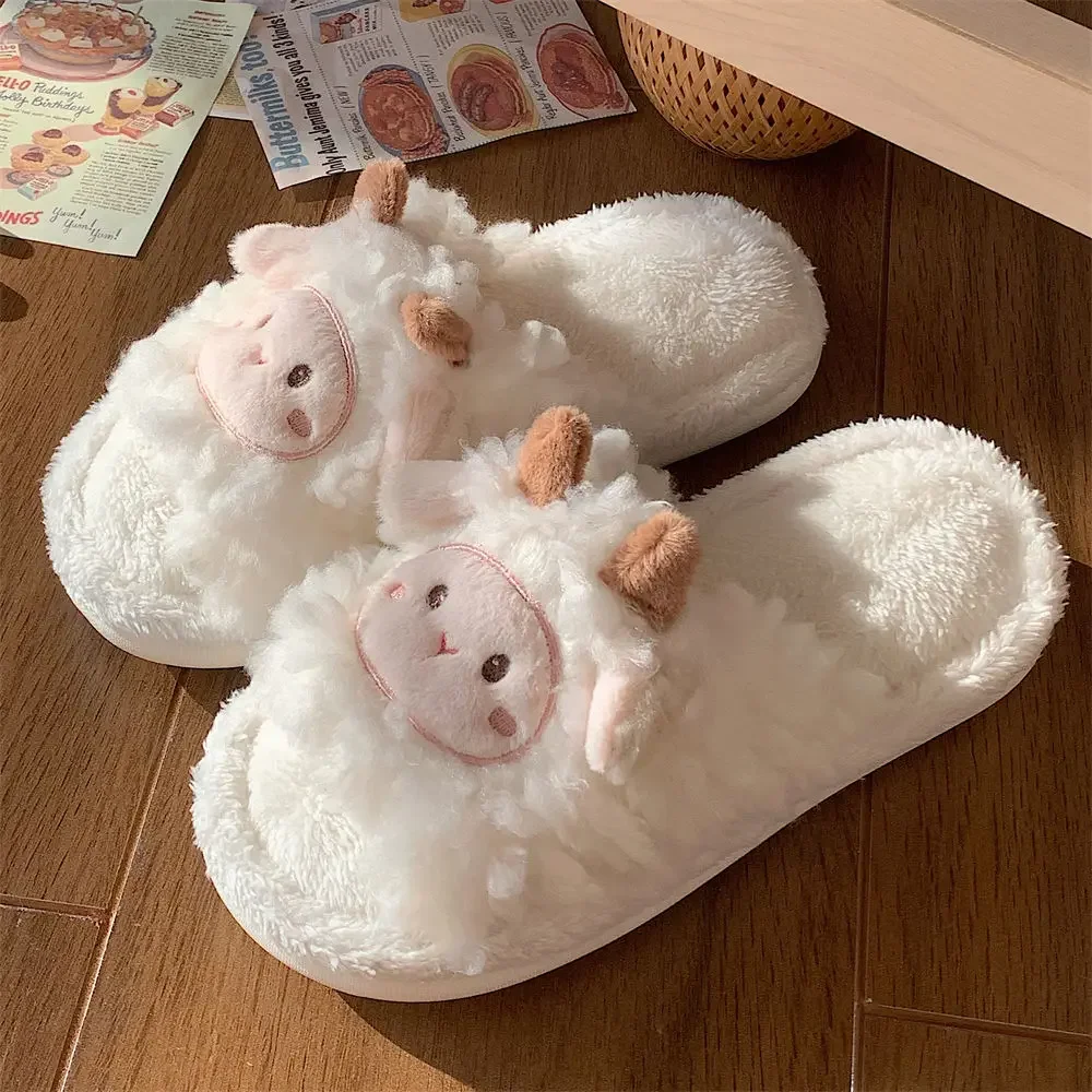 Women Home Cotton Slippers Indoor House Shoes Warm Plush Slipper Cute Fluffy Fur Sheep Plush Slippers Couple Cotton Slippers