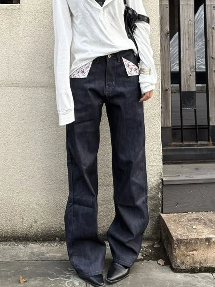 กางเกงยีนส์สตรีสไตล์อเมริกันเรโทรสปริง ดีไซน์ทันสมัย ทรงตรงยาวคลุมเท้า แฟชั่น Y2K ยุค 2000 กางเกงยีนส์ลำลอง