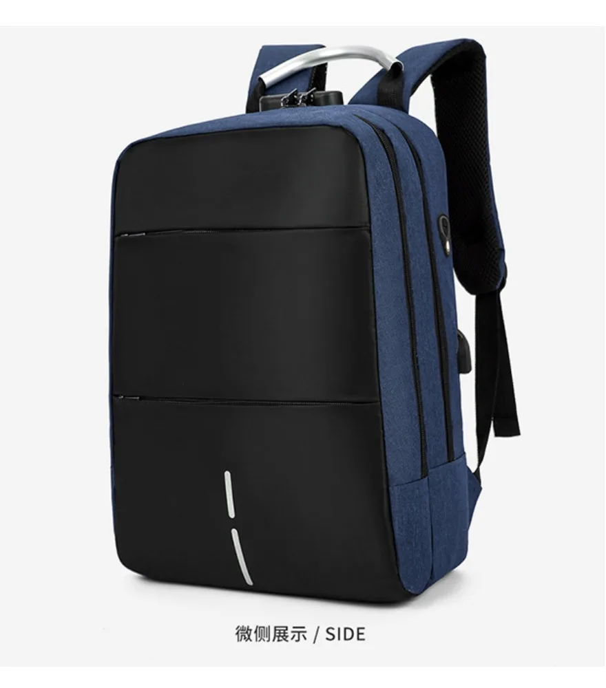Black slim laptop backpack with metal top handle anti splash vertical stripe decor for men office commute business travel