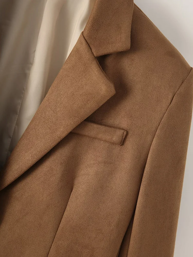 معطف نسائي من جلد الغزال الصناعي بلون سادة وأكمام طويلة مع جيوب أمامية ملابس خارجية أنيقة للنساء #5