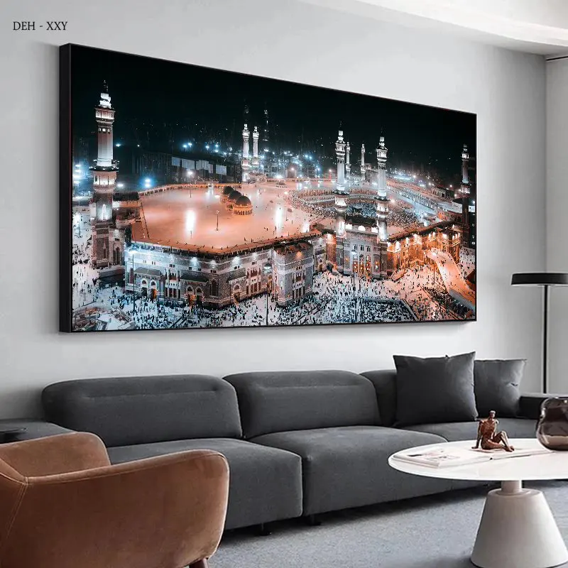 Beautiful Mecca Mosque Night View Canvas Painting Wall Art Pictures Kabe Mekke Islamic Posters and Prints for Living Room Mural