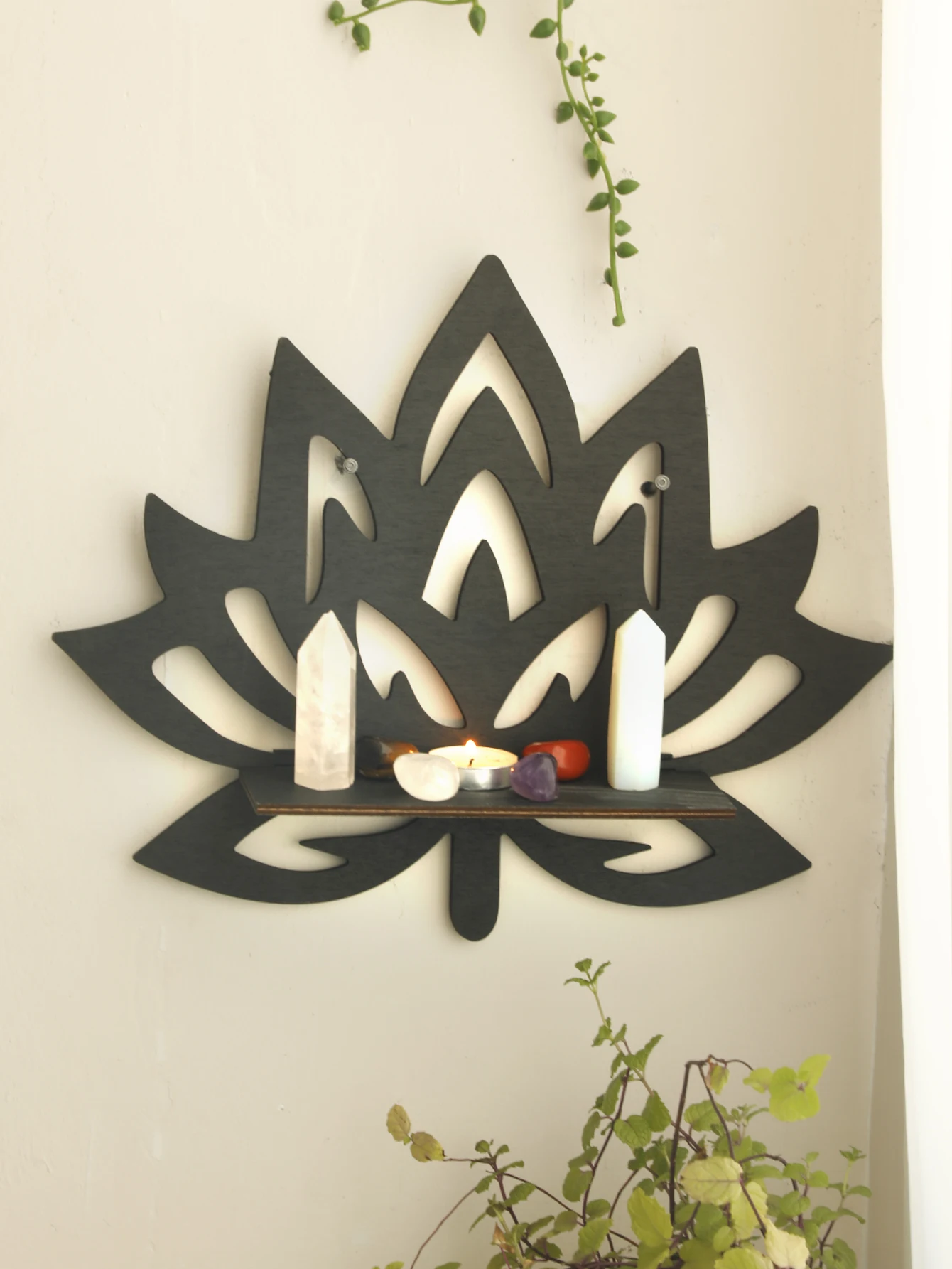 Lotus Holz Regal schwimmende Regale Display Ständer für Wand Boho Home Dekoration Wand Veranstalter Kristall Stein Ständer für Wohnzimmer