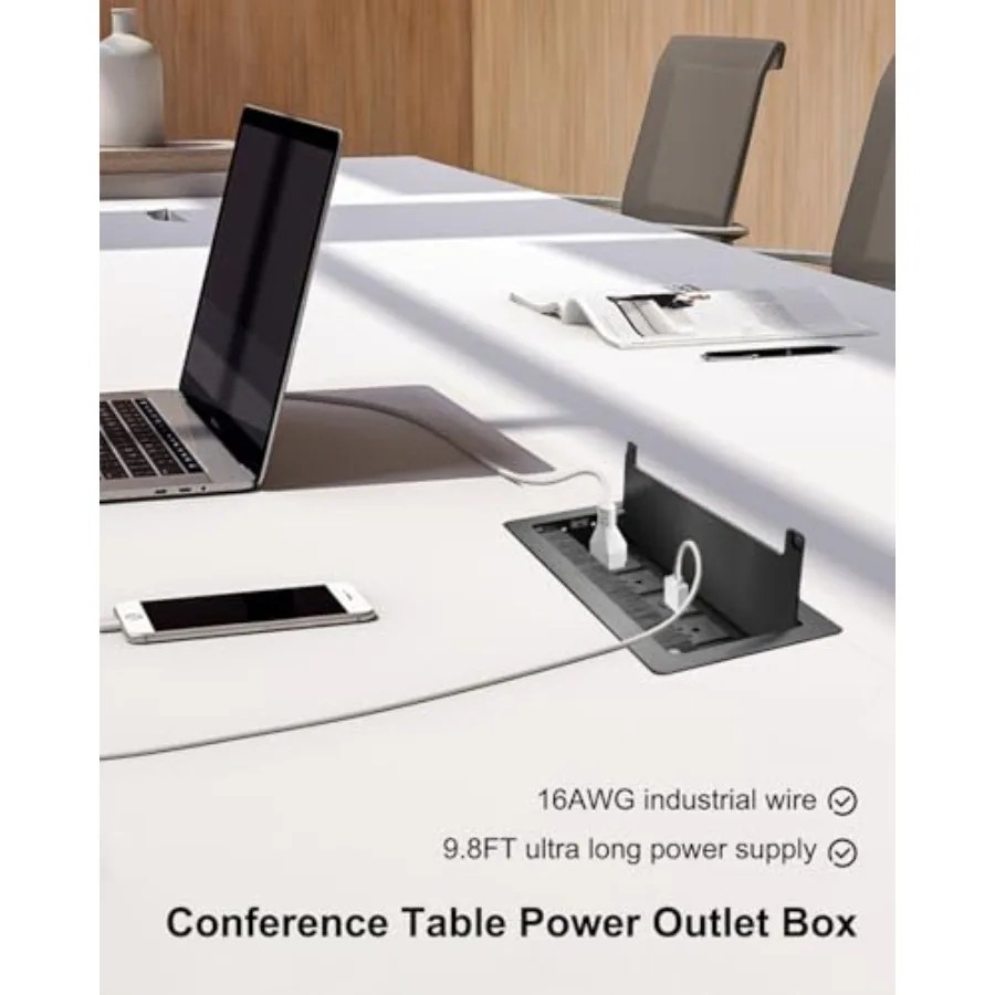 Conference Table Hub Power Outlet with 3 AC Power Outlets and USB Fast Charging 9.8FT Power Cord Embedded Outlets Heavy-Duty De