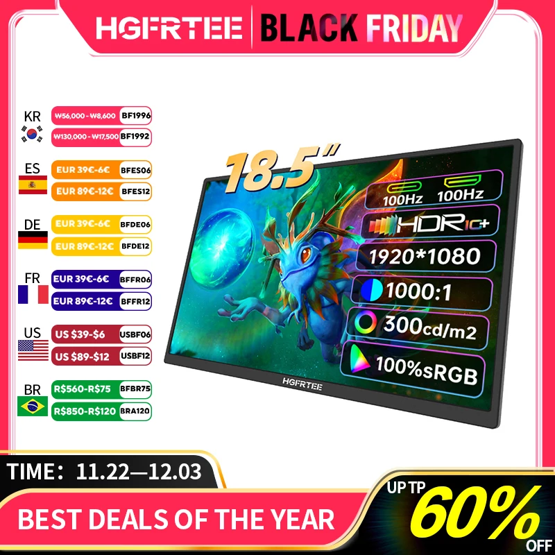 HGFRTEE 18.5inch Portable Monitor ADS-IPS 100Hz RGB100% Extended Display Laptop Second Screen With VESA Hole&Stand