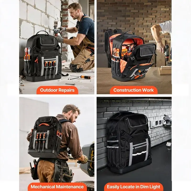 Heavy Electrician Worksite Tool Backpack with 56 Pockets, Molded Rubber Base, Logo Storage Bag