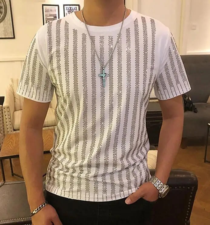 Short Sleeve T-shirt Men\'s Summer Full Diamond Round Neck Large Black Clothes Loose 2024 New Trend Fashion Handsome Especially