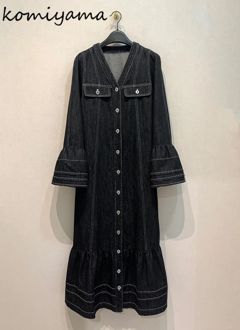 

Japanese Denim Vestidos Loose Casual Dress V-neck Single Breasted Dresses Long Flare Sleeve Ropa Mujer Fishtail Vestido