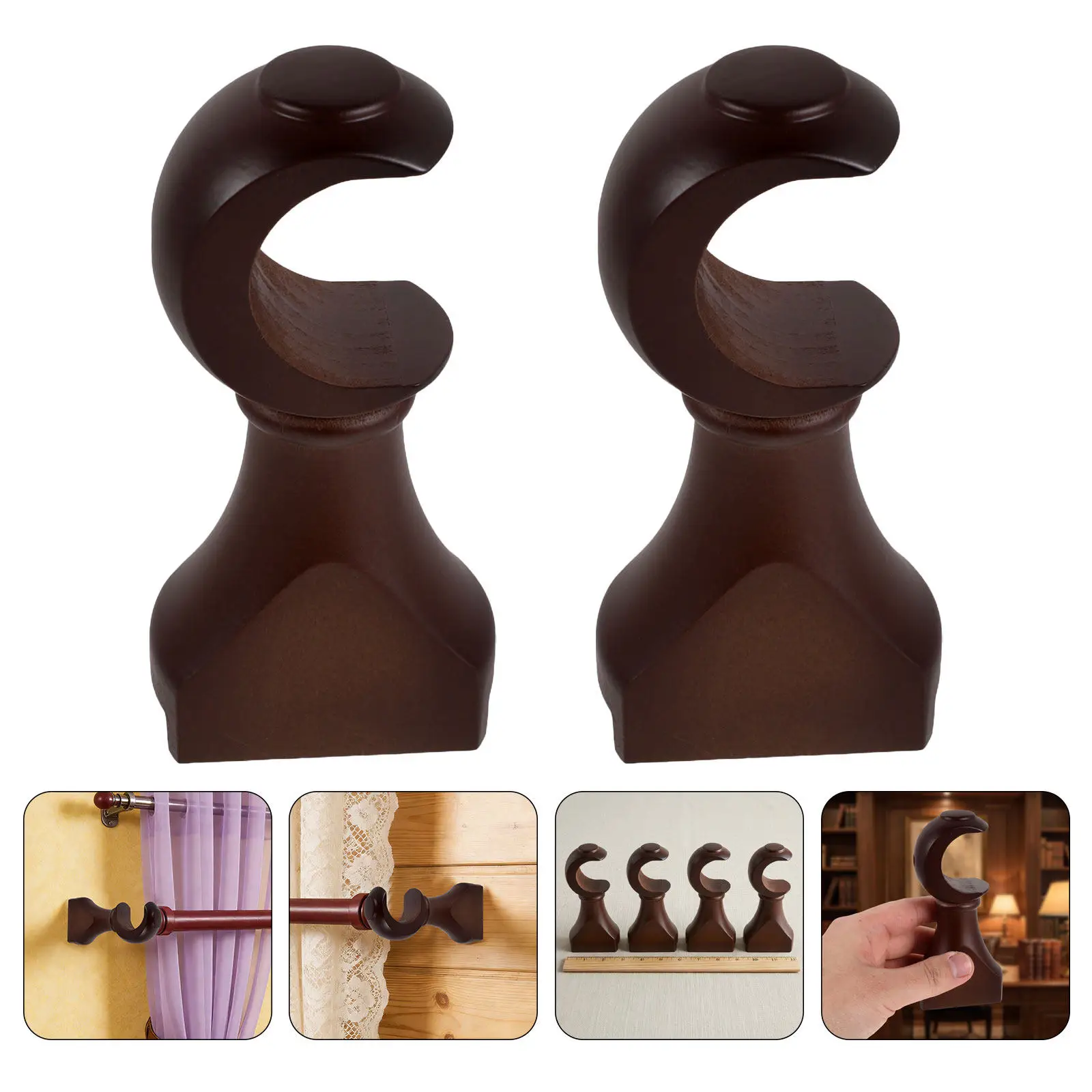 4Pcs Wooden Curtain Rod Bracket Coffee Color Wall Mount Decorative Support for Living Room Bedroom Window Drapery Pole Holder