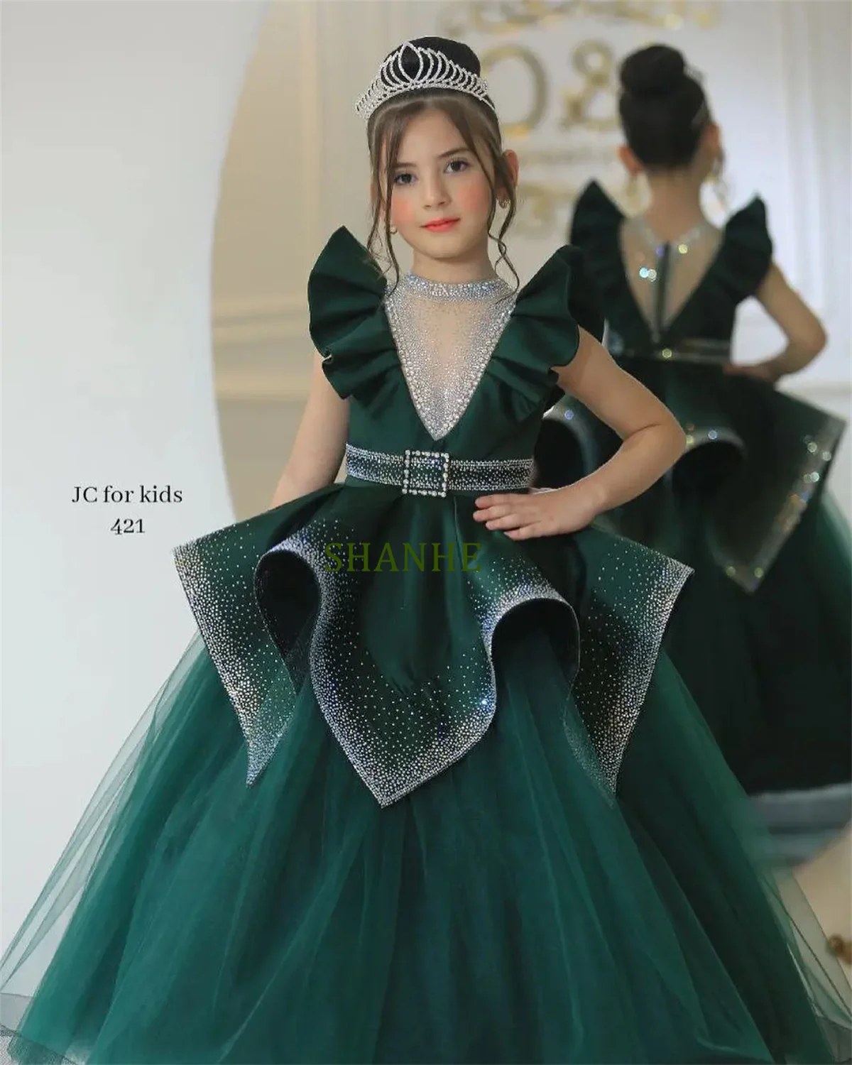 CustomizedFlower Girl Dress Illusion Beading Sparking Beads Stones High-neck Fly-sleeve Ball Gown Maxi Skirt for Toddler 1-14T