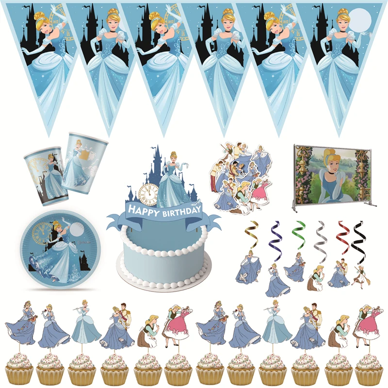 Suministros de fiesta de cumpleaños con temática de Cenicienta para niños, vajilla desechable, plato, globo, conjunto de fondo, decoración para Baby Shower