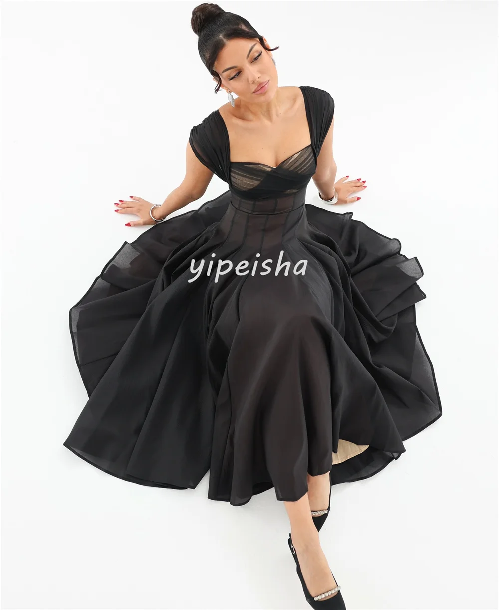 Customized Sexy Fashion Pleat Ruched A-line Square Neck Midi Dresses Bespoke Occasion Dresses Sizes Available High Quality