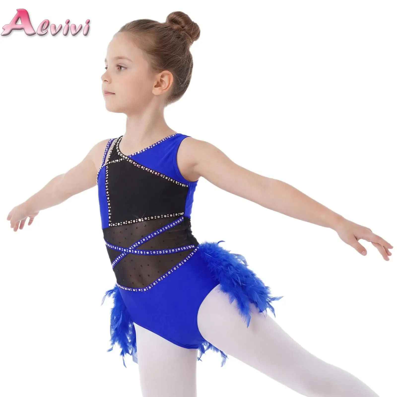 

Kids Girls Ballet Dance Dress Shiny Rhinestone Feather Latin Dance Leotard Mesh Color Block Bodysuit Stage Performance Clothes