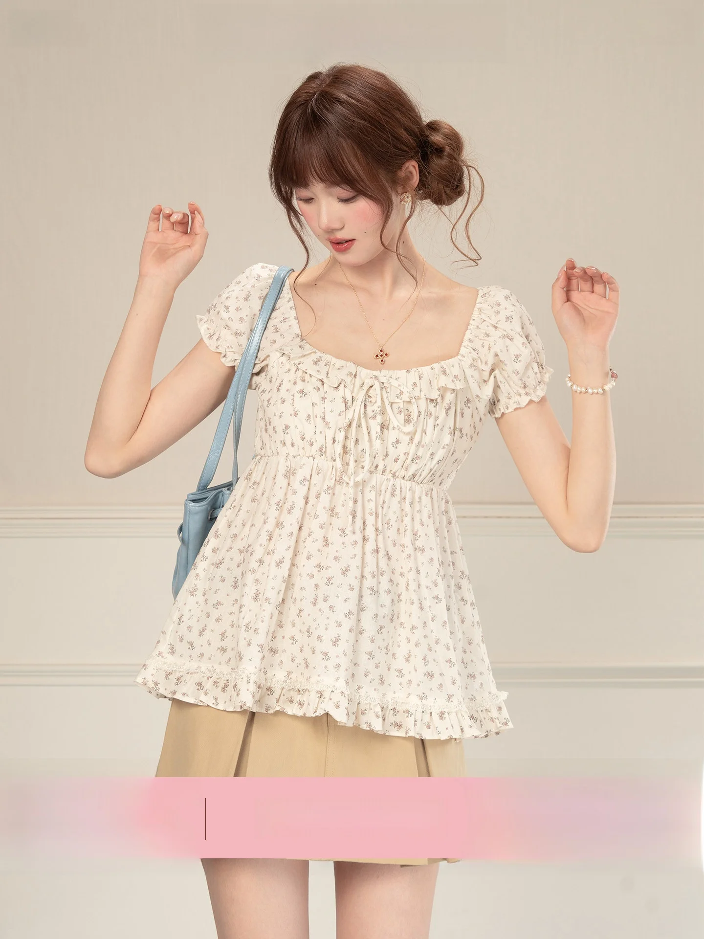 

Heynew American Retro Floral Bubble Sleeve Shirt Women Summer Sweet Spicy Casual Slimming Young-looking Top Cotton Loose Fit