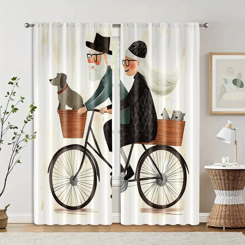 2 pcs, filtering curtains (excluding rods, non-movable, without batteries) A couple riding bicycles (2) for use in bedrooms and