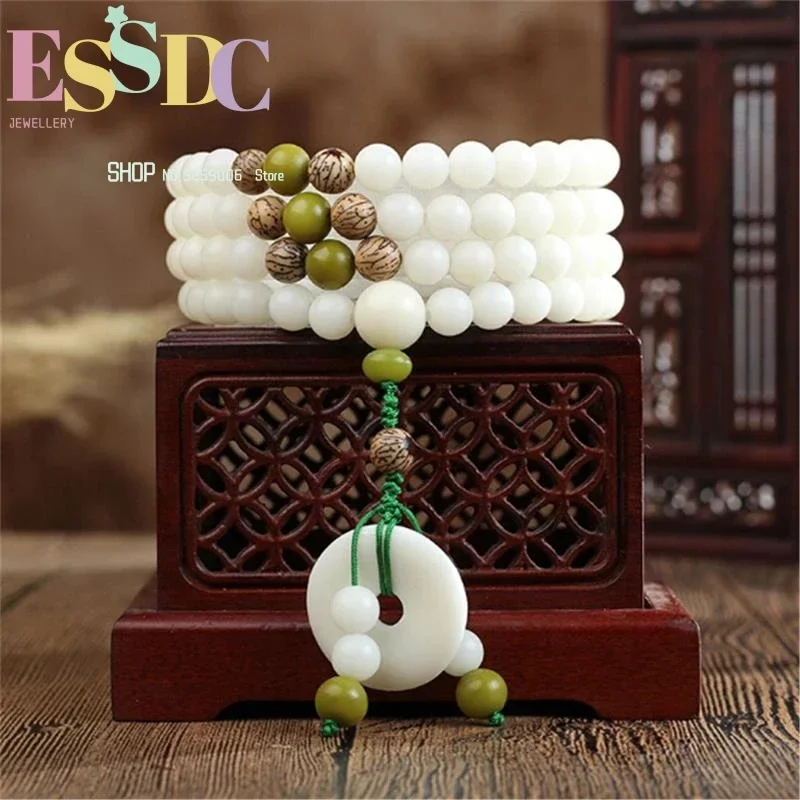 Tibetan Natural White Bodhi Beads 108 Mala Bracelets with Safety Button Pendant Women's Yoga Necklace Jewelry Wholesale