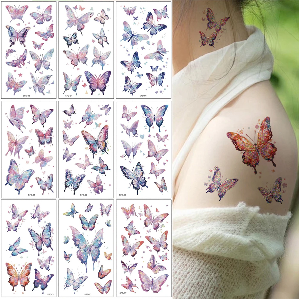

10 Sheets Butterfly Tattoo Stickers for Face Hand Body Art Glitter Powder Temporary Tattoos for Girls Women Party Body Stickers