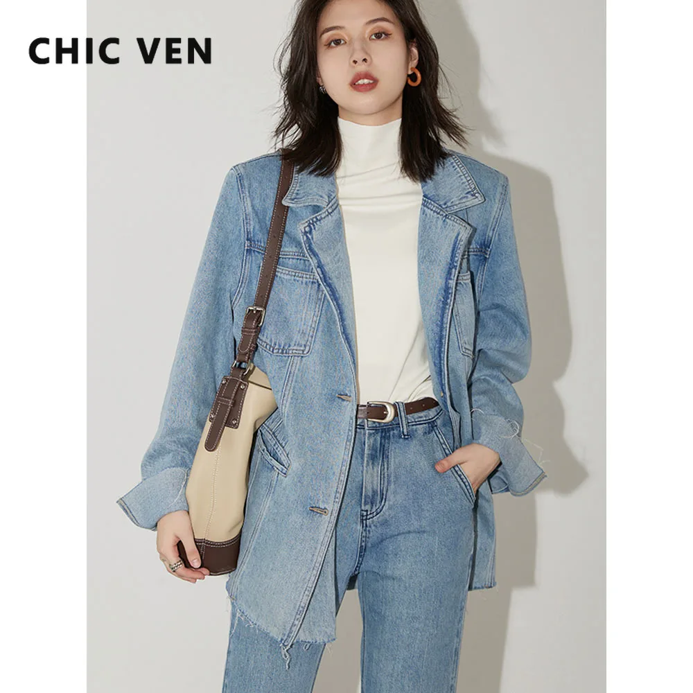 

CHIC VEN Women Denim Coat Loose Streetwear New Wide Shoulder Female Denim Jackets Woman Overcoat Spring Autumn 2023