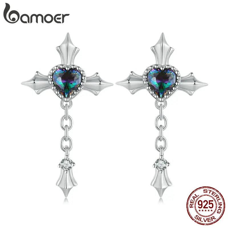 Bamoer 925 Sterling Silver Retro Cross Stud Earrings Vintage Chain Earrings for Women Party Pave Setting CZ Fine Jewelry