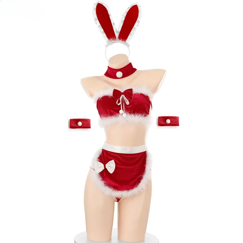Uniforme de sirvienta de conejito de Navidad, disfraz de Cosplay de Anime, chica conejo, trajes de Navidad de Papá Noel, camisón rojo de juego de rol de Año Nuevo para mujer
