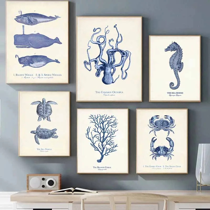 Retro Sea Life Illustrations Canvas Poster Aquatic Creatures Print Wall Picture for Nursery Navy Blue Beach Bedroom Home Decor
