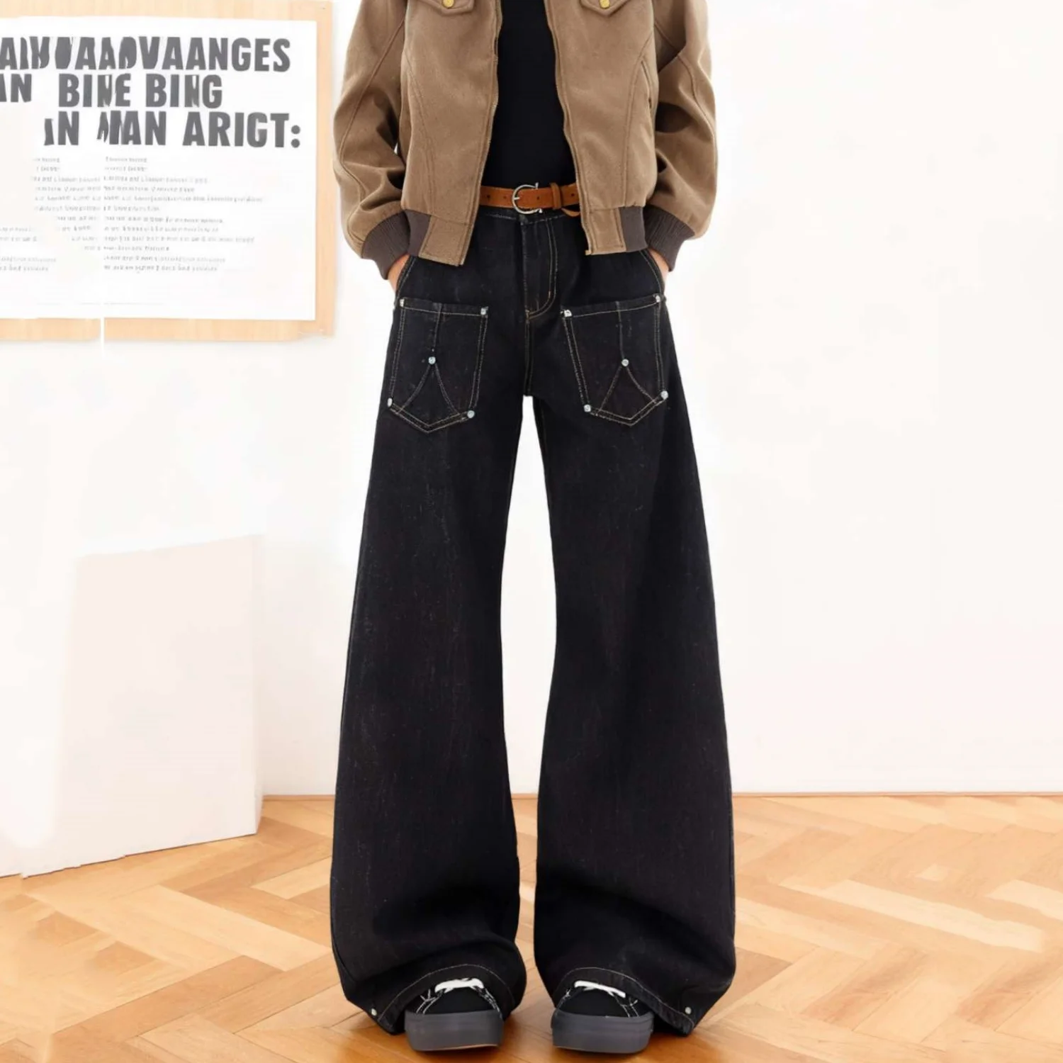 

Корейская версия, мужские джинсовые брюки, винтажные широкие свободные джинсы, повседневные прямые брюки, черные брюки, осенне-зимняя мужская одежда