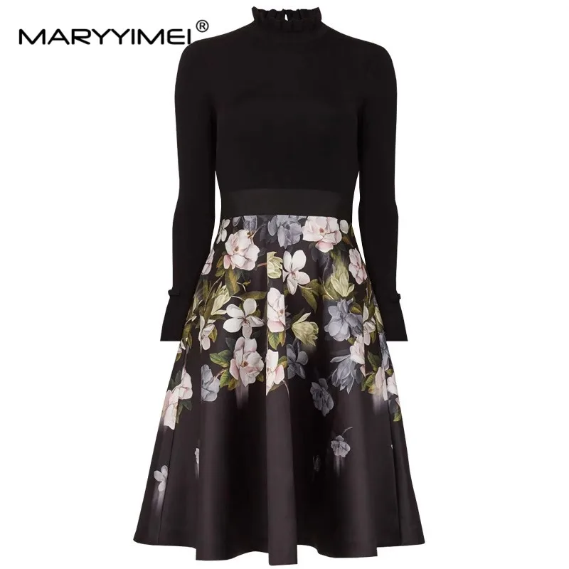 MARYYIMEI Fashion Designer Autumn Women's dress Long sleeved knitting Patchwork Print Slim Elegant Dresses