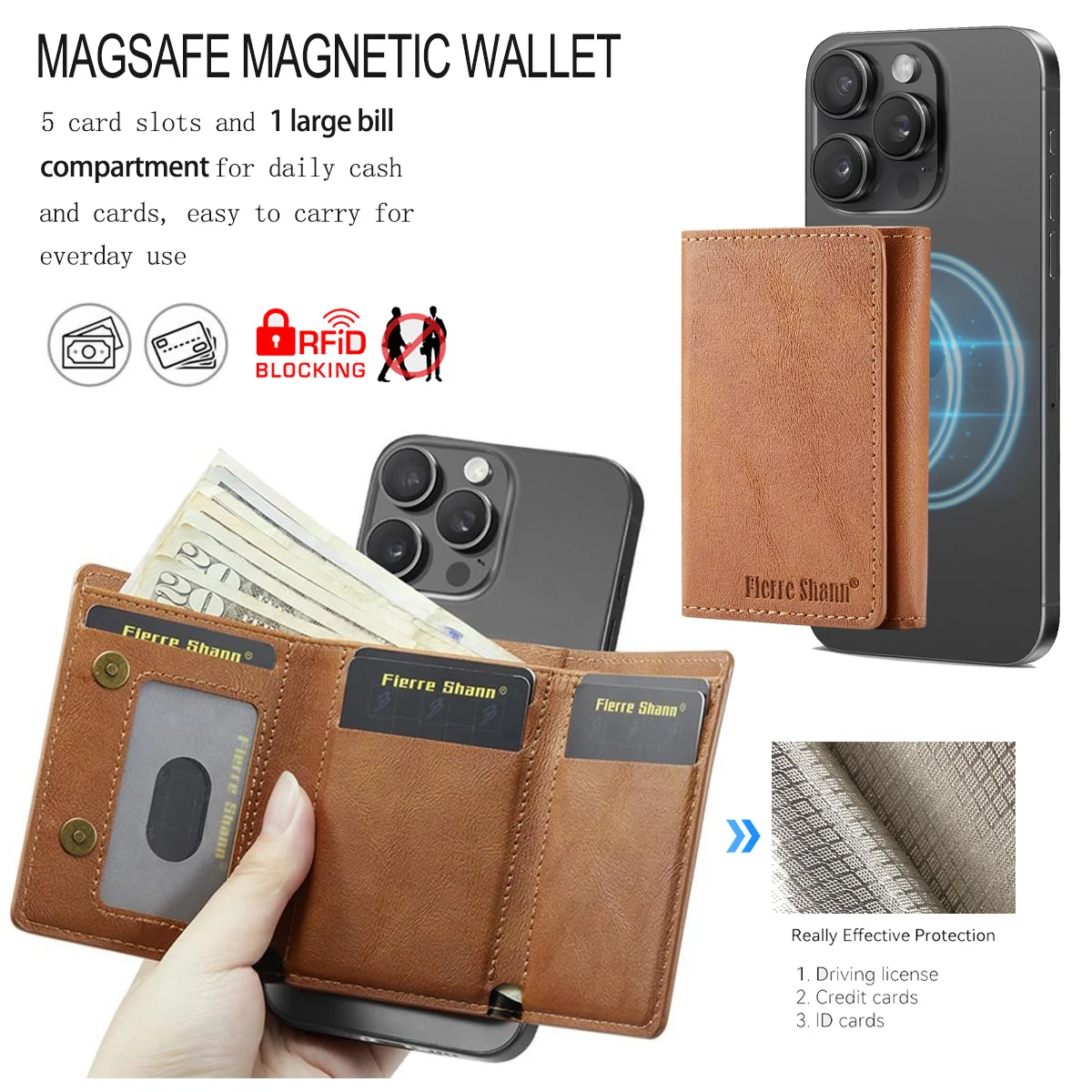 Fierre Shann Luxus-Geldbörse im Business-Design aus PU-Leder mit Klapptasche und magnetischem Schnallenständer für Kartenhalter