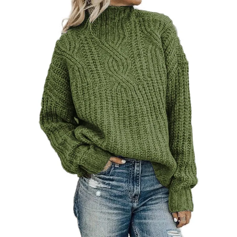 Heat Set Pullover Sweater Regular Length European and American Style with Patchwork Turtleneck Medium Weight Women Sweater