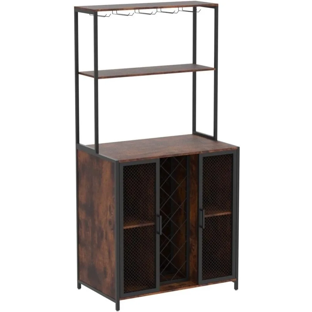 Wine Bar Cabinet com luzes LED, Industrial Coffee Bar, Buffet Aparador com prateleiras ajustáveis, mesa de cozinha, 5-Tier